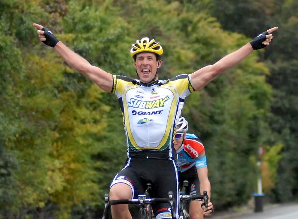 Paul Odlin celebrates victory in the Oceania elite men's road race near Queenstown today.